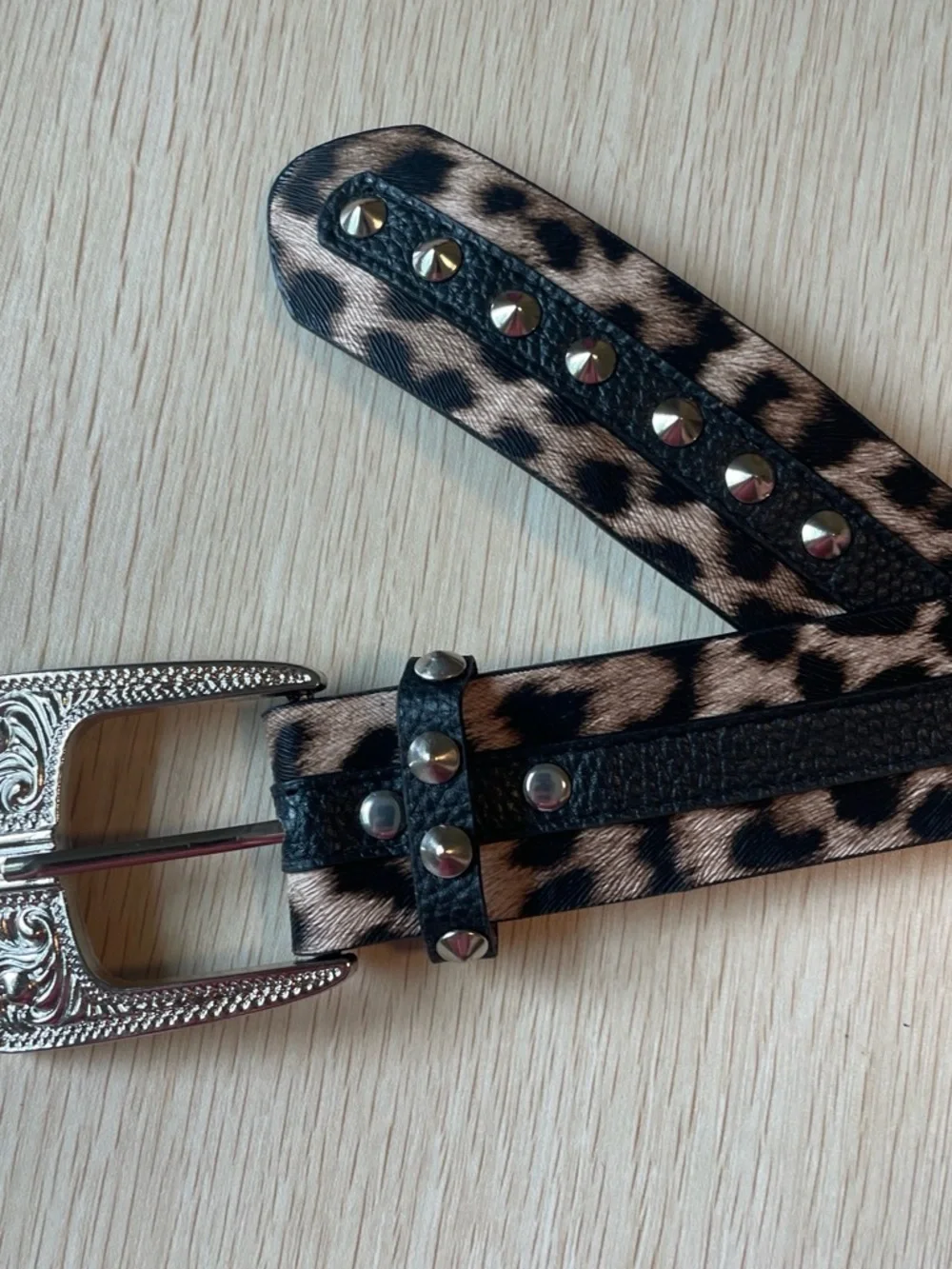 Vintage Leopard Print Studded Belt - Black and Tan